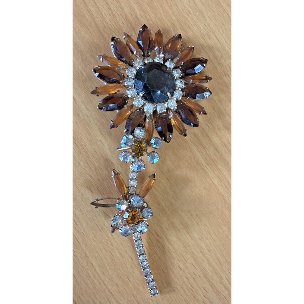 D&E‎ Juliana Shades of Autumn Topaz Skinny Navette 5" Sunflower Brooch VTG Boho